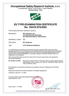 EU Type Examination Certificate No. 1024/E-079/2020 有效過濾新型冠狀病毒證書